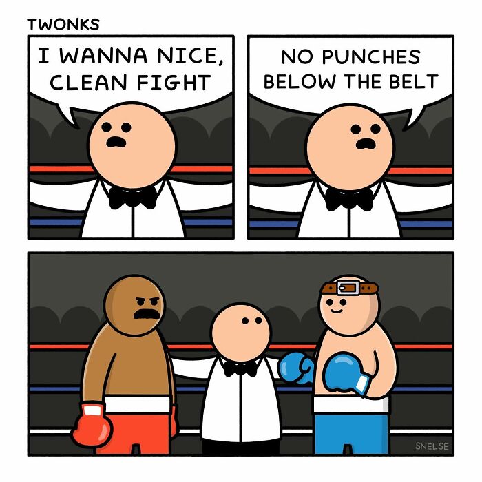 Comic illustration by artist showing a referee announcing fight rules to two boxers in a ring.