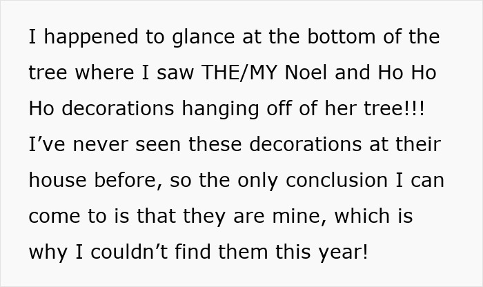 Text describing a woman horrified after spotting her sentimental Christmas ornaments on her mother-in-law’s tree.
