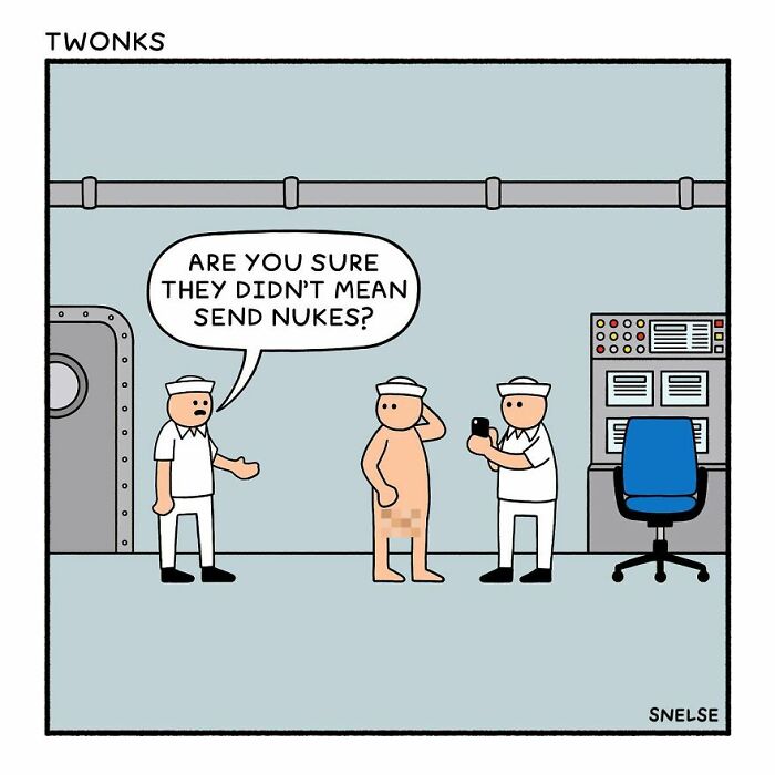 Comic illustration showing three sailors with one asking if they meant to send nukes, humorous art by this artist.