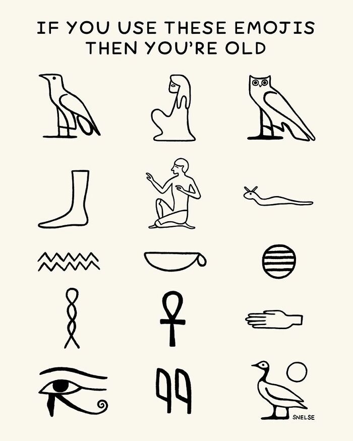 Minimalist illustration comic showing ancient emojis with caption about being old, by an artist aiming to make people chuckle.