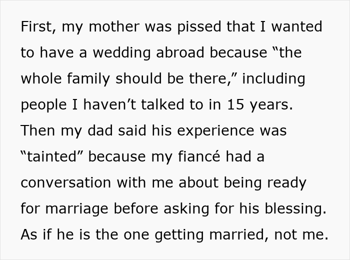 Text excerpt describing bride&rsquo;s parents causing drama over wedding plans and great aunt&rsquo;s reaction and uninvitation.
