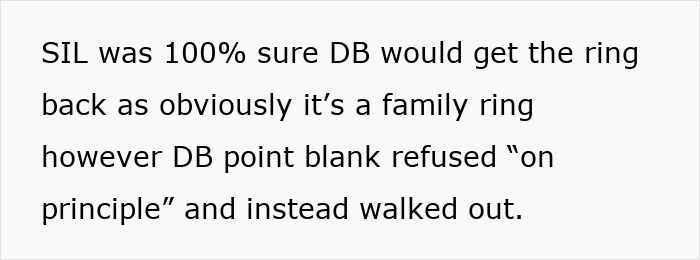 Text describing a woman pawning a family heirloom ring and her sister-in-law buying it back, causing conflict. Text describing a woman pawning a family heirloom ring and her sister-in-law buying it back, causing conflict.