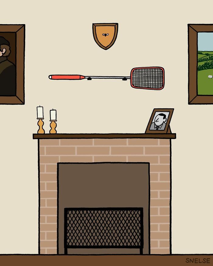 Illustration of a fly swatter mounted like a hunting trophy above a fireplace in a comic style artwork.