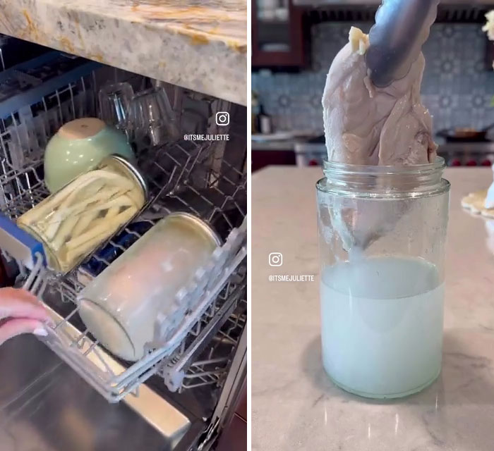 Canned food being placed in a dishwasher and cooked, showing a jar with cooked chicken removed using tongs. Canned food being placed in a dishwasher and cooked, showing a jar with cooked chicken removed using tongs.