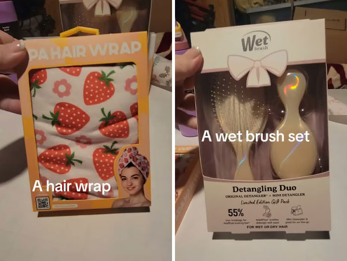 Christmas gift haul showing a strawberry hair wrap and a wet brush detangling duo for daughter hair care.