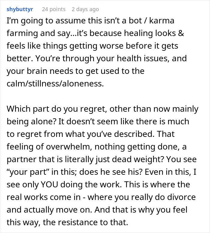 Comment discussing a woman’s healing and regrets after divorce, sharing insights on moving on and personal growth.