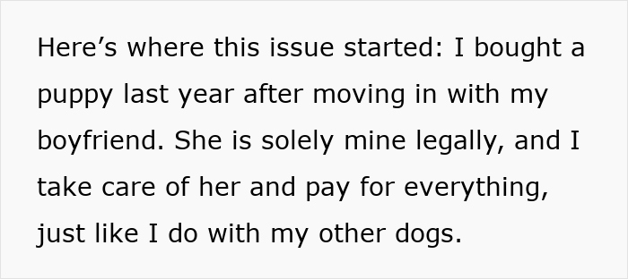 Text excerpt explaining the entitled mother’s viewpoint on expenses split with son and girlfriend regarding a puppy. Text excerpt explaining the entitled mother’s viewpoint on expenses split with son and girlfriend regarding a puppy.