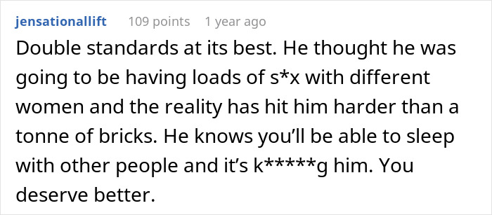 Screenshot of a Reddit comment about a man pushing for open marriage and struggling with feeling insecure and overwhelmed.