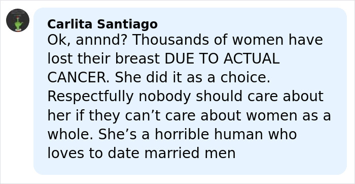 Screenshot of a social media comment criticizing Angelina Jolie for revealing mastectomy scars and addressing trolls. Screenshot of a social media comment criticizing Angelina Jolie for revealing mastectomy scars and addressing trolls.