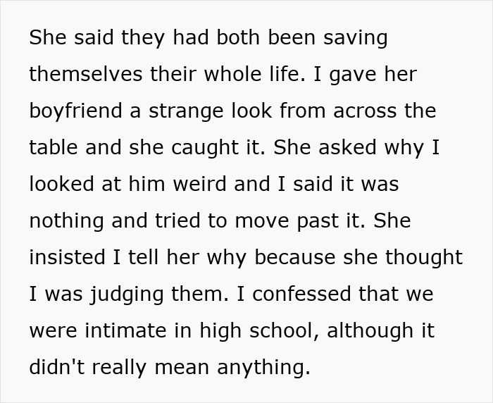Alt text: Man lies about saving himself for marriage to please fiancée but forgets her sister is his ex in a tense conversation. Alt text: Man lies about saving himself for marriage to please fiancée but forgets her sister is his ex in a tense conversation.