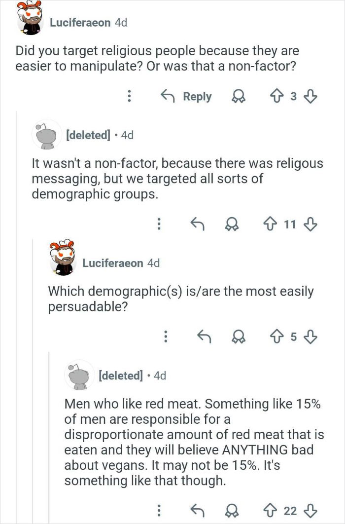 Reddit conversation from ex-employee discussing demographic targeting in campaigns to discredit veganism online.