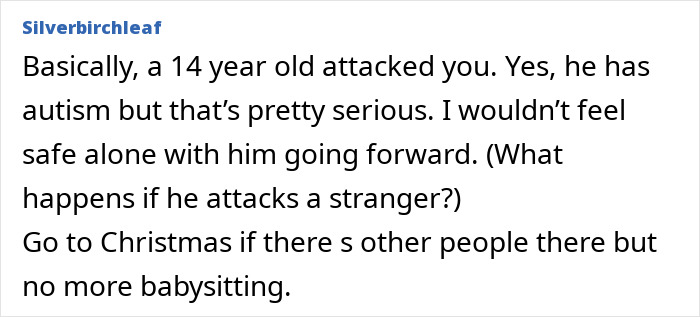 Comment discussing concerns about a 14-year-old kid bite incident involving a Christmas nanny and safety precautions. Comment discussing concerns about a 14-year-old kid bite incident involving a Christmas nanny and safety precautions.