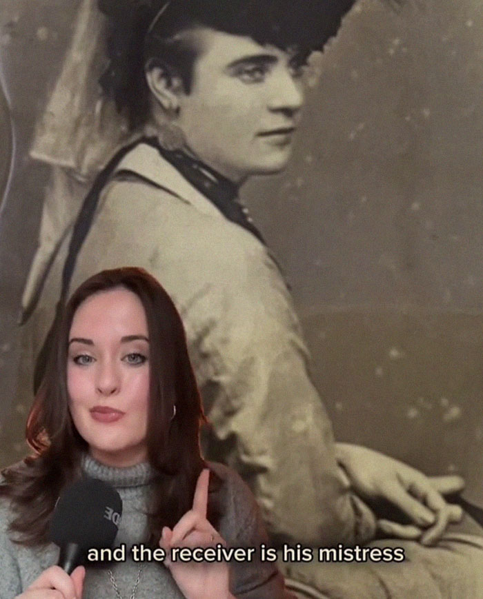 Woman speaking in front of historical photo, discussing letter from worst Victorian boyfriend and its impact on women. Woman speaking in front of historical photo, discussing letter from worst Victorian boyfriend and its impact on women.