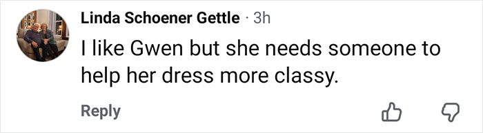 Comment criticizing Gwen Stefani's outfit as inappropriate and urging for a classier style during Rockefeller Tree Lighting controversy. Comment criticizing Gwen Stefani's outfit as inappropriate and urging for a classier style during Rockefeller Tree Lighting controversy.