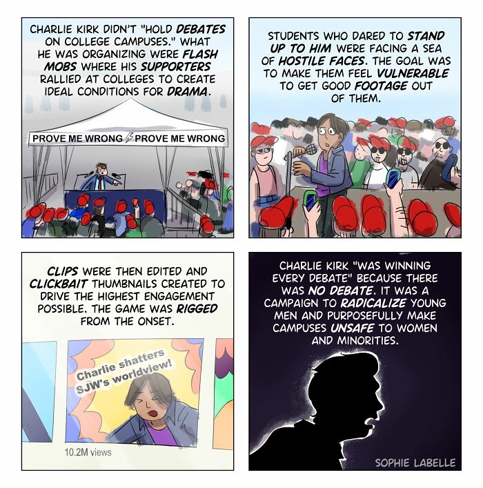 Comic panels by Sophie Labelle illustrating themes of LGBTQ+ and social issues through a campus debate scenario.