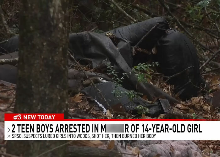 Covered body wrapped in black plastic in a wooded area related to two teens charged with homicide of 14-year-old girl