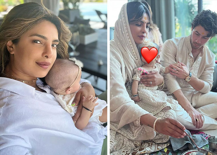 Priyanka Chopra holding a baby and a couple performing a traditional ceremony, highlighting surrogacy and adoption backlash topics.
