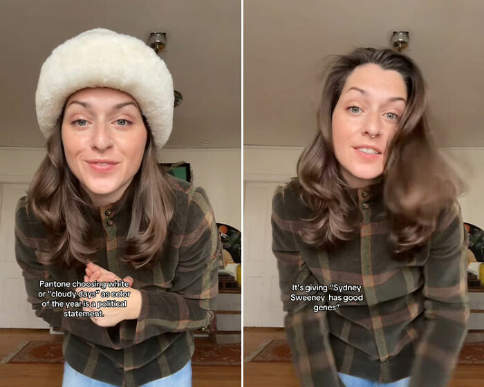 Woman discussing Pantone’s controversial color of the year and its comparison to Sydney Sweeney in a casual home setting.