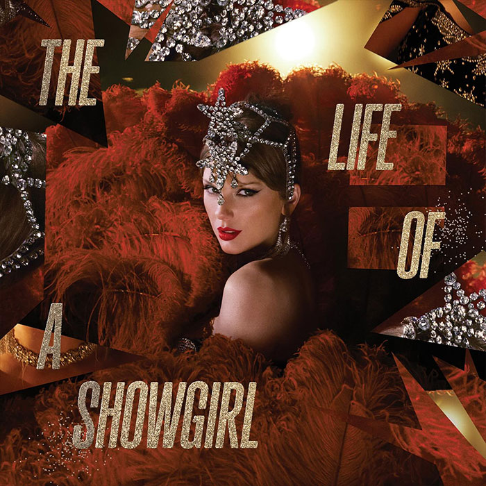 Taylor Swift in a glamorous showgirl outfit with elaborate headpiece and red feathers in a dramatic setting. Taylor Swift in a glamorous showgirl outfit with elaborate headpiece and red feathers in a dramatic setting.