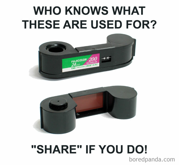 Black vintage camera film rewinders shown with text asking who knows their use, relating to nostalgia and creaking joints memories.