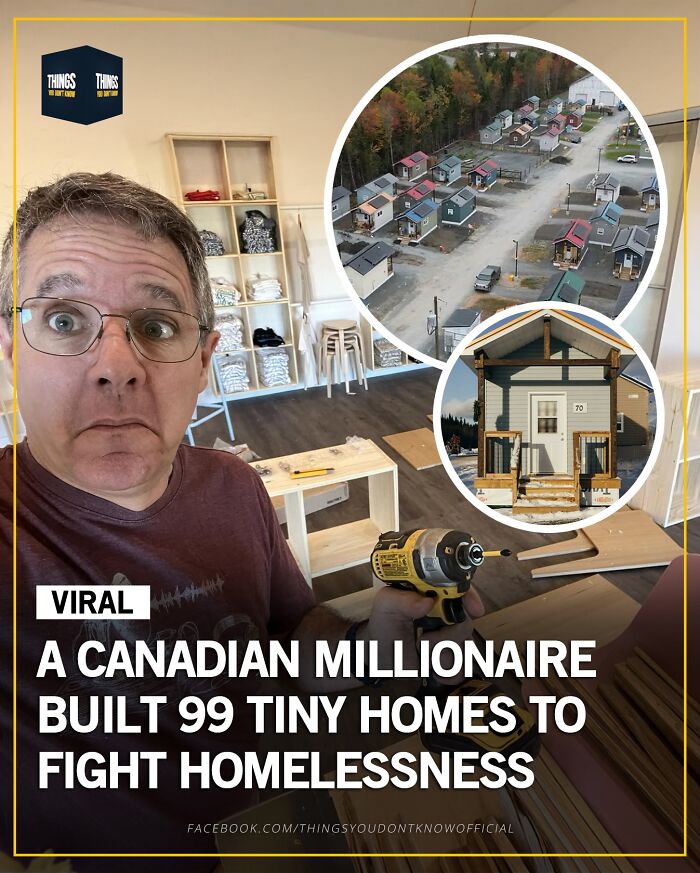 Man assembling tiny homes with images of a tiny home village, highlighting compelling facts and stories for conversation starters. Man assembling tiny homes with images of a tiny home village, highlighting compelling facts and stories for conversation starters.