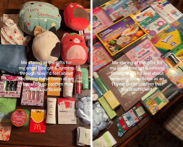 Assortment of dollar store items and gifts laid out on table for child’s Angel Tree haul controversy. Assortment of dollar store items and gifts laid out on table for child’s Angel Tree haul controversy.