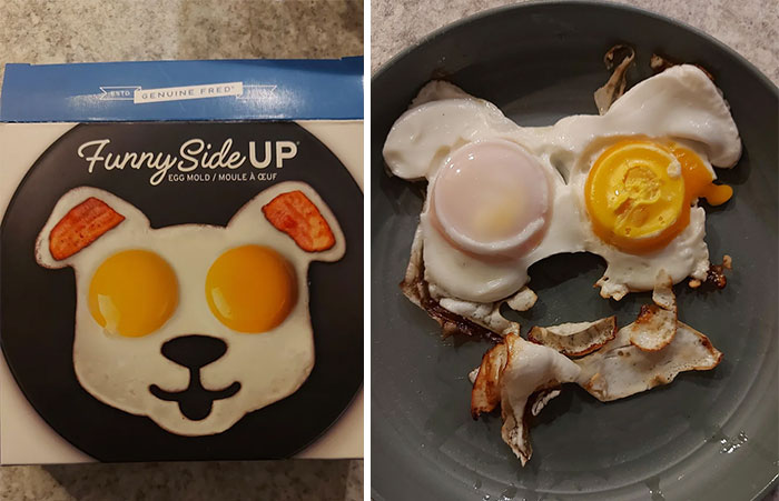 Expectation vs reality photo of a dog-shaped egg mold showing perfect eggs and a messy cooked result on a plate.