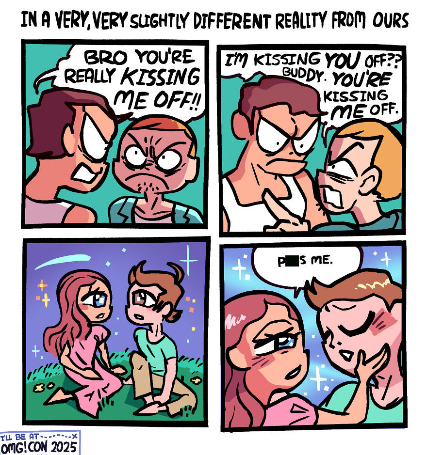 Comic strip by Shen Comix showing humorous and relatable moments about adulthood and life in four colorful panels.