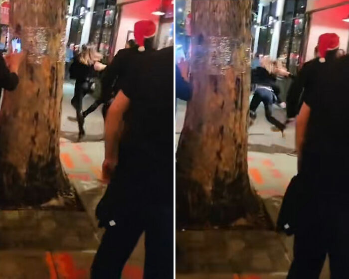 Drunken woman in chaotic street scene at upscale restaurant, later revealed as glamorous tech executive. Drunken woman in chaotic street scene at upscale restaurant, later revealed as glamorous tech executive.