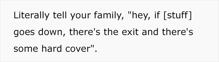 Text image showing advice on mass shooting survival tips about informing family of exit locations and hard cover safety points. Text image showing advice on mass shooting survival tips about informing family of exit locations and hard cover safety points.