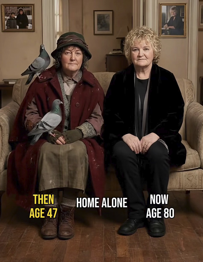 Two women sitting on a couch in a then-and-now Home Alone video showing aging from 47 to 80 for millennials.