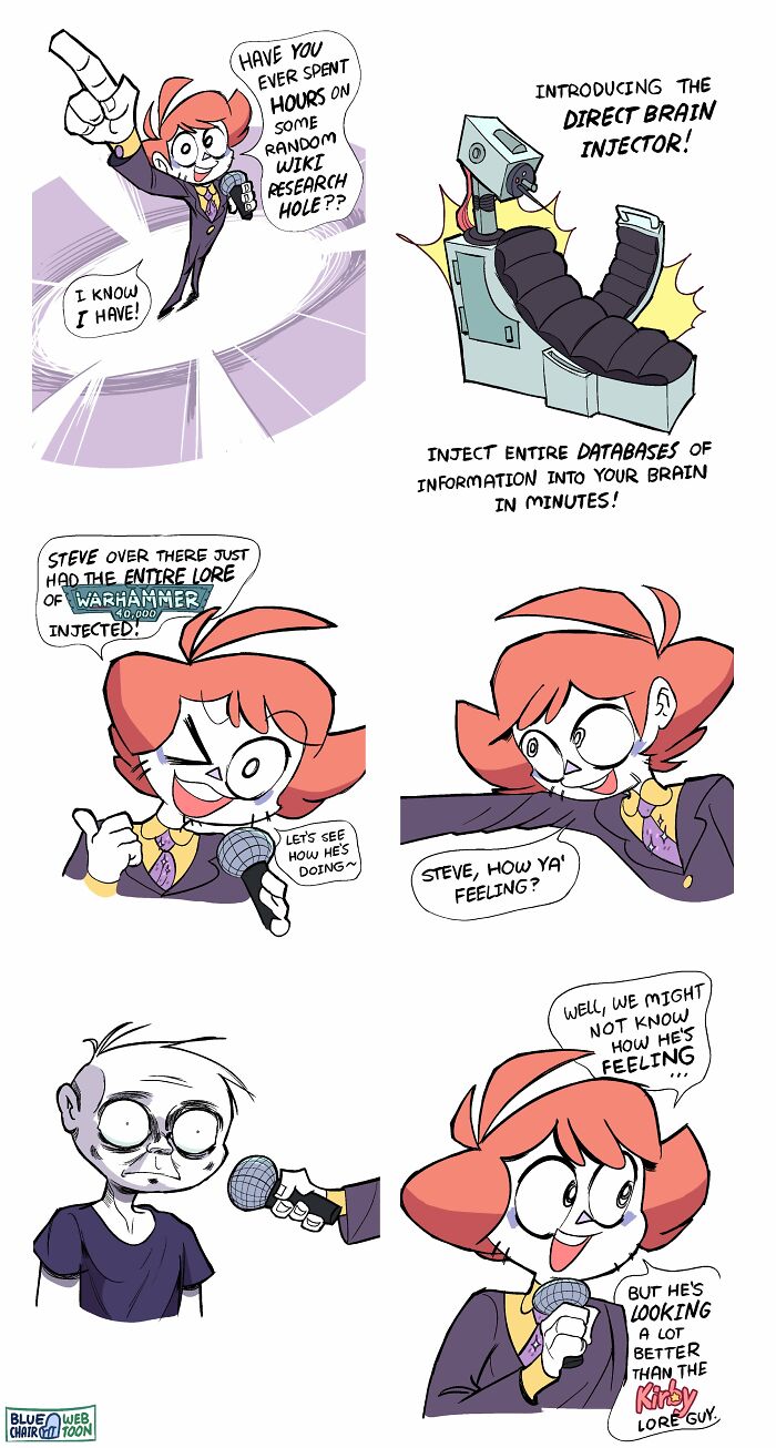Comic by Shen Comix showing a character humorously overwhelmed after a direct brain injector fills them with Warhammer lore.