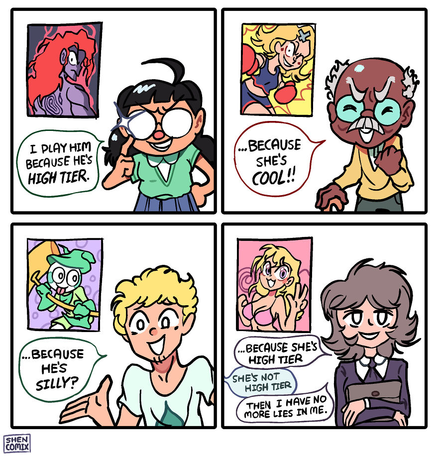 Four-panel comic from Shen Comix humorously exploring gaming preferences and character choices in adulthood life.