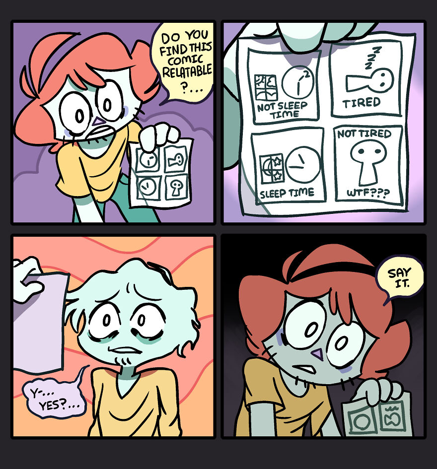 Comic panels showing characters discussing a relatable comic about sleep time, tiredness, and adulthood in a humorous style.