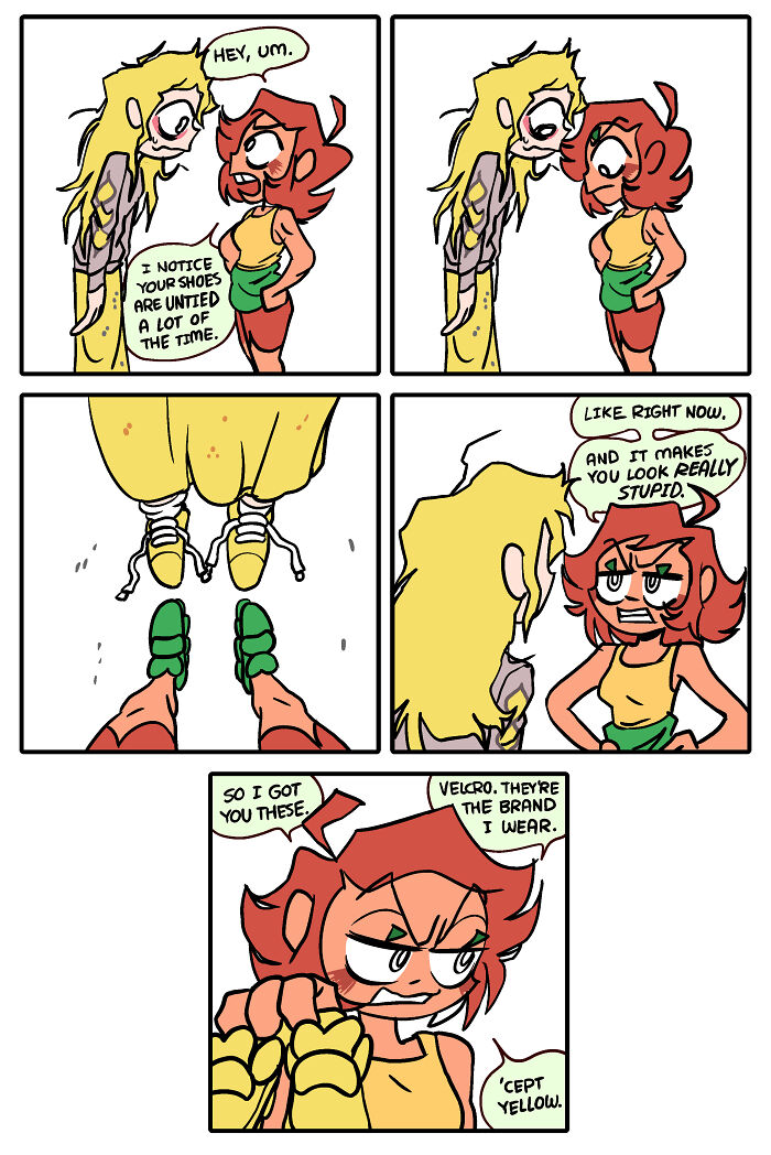 Comic panels by Shen Comix showing two characters discussing untied shoes and a gift of yellow Velcro shoes, humor in adult life.