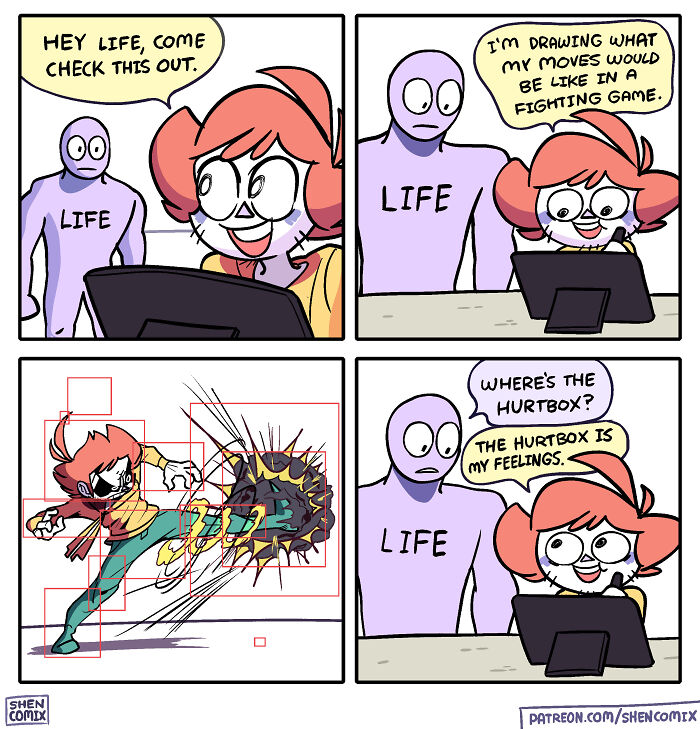 Comic panel showing a person drawing fighting game moves explaining the hurtbox is their feelings in adult life.