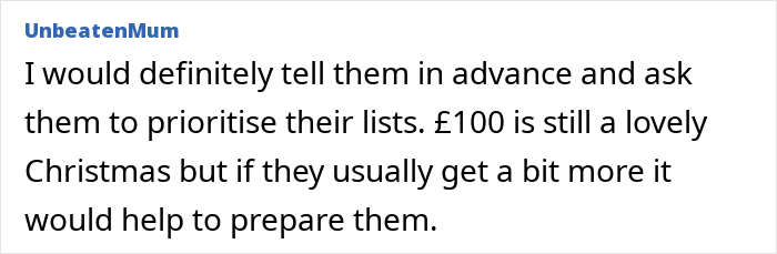 Text post from UnbeatenMum advising to tell kids in advance and prioritize Christmas lists due to changes in contribution amount. Text post from UnbeatenMum advising to tell kids in advance and prioritize Christmas lists due to changes in contribution amount.