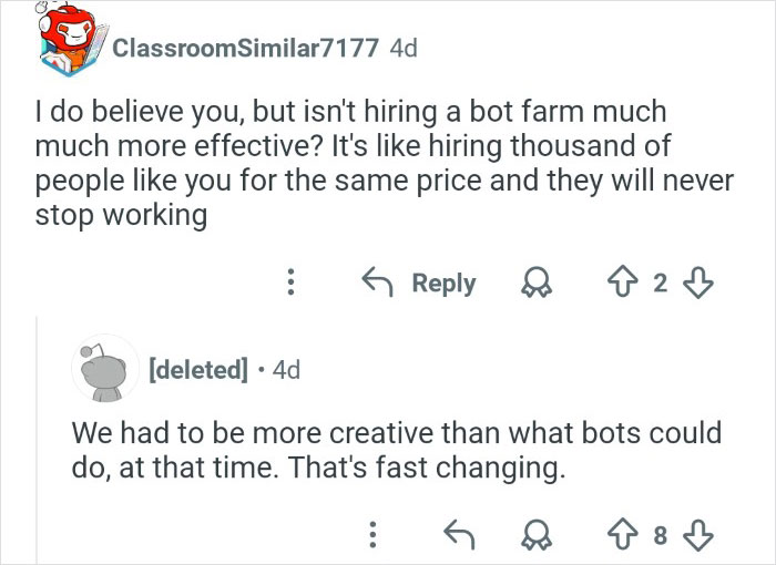Reddit conversation discussing strategies related to discrediting veganism online by an ex-employee.