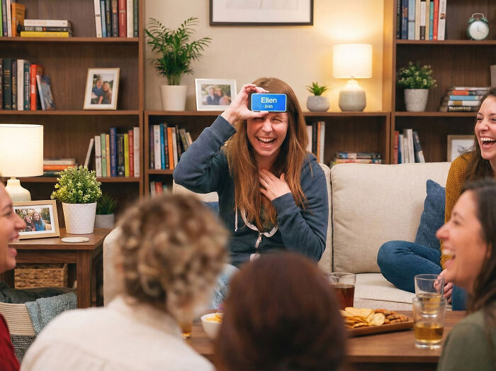Group of friends enjoying the best party game, laughing and playing together in a cozy living room setting.