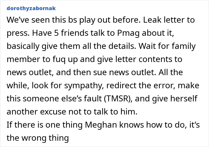 Comment criticizing Meghan Markle’s attempts to contact her estranged hospitalized father, calling her a malignant narcissist. Comment criticizing Meghan Markle’s attempts to contact her estranged hospitalized father, calling her a malignant narcissist.