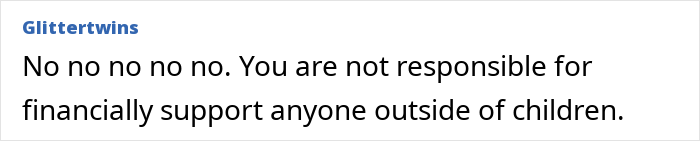 Text post by Glittertwins expressing refusal to financially support anyone outside of children, reflecting emotional strain in a long-term friendship. Text post by Glittertwins expressing refusal to financially support anyone outside of children, reflecting emotional strain in a long-term friendship.