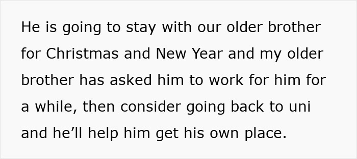 Text excerpt discussing a family plan involving an older brother supporting a vegan teen's living and work arrangements.