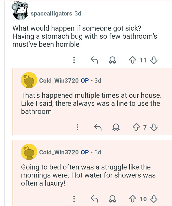 Reddit user with 21 siblings shares challenges of bathroom lines and limited hot water in large family life.