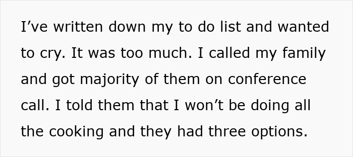 Text showing frustration about cooking for family with lazy relatives refusing to bring food to Christmas dinner. Text showing frustration about cooking for family with lazy relatives refusing to bring food to Christmas dinner.