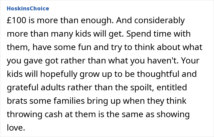 Text excerpt showing a comment about money for kids at Christmas and the impact of contributing on family dynamics and gratitude.