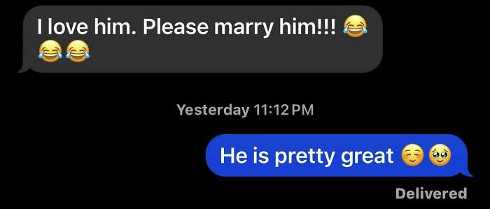 Text message exchange showing a funny and heartfelt conversation about someone being great and lovable.