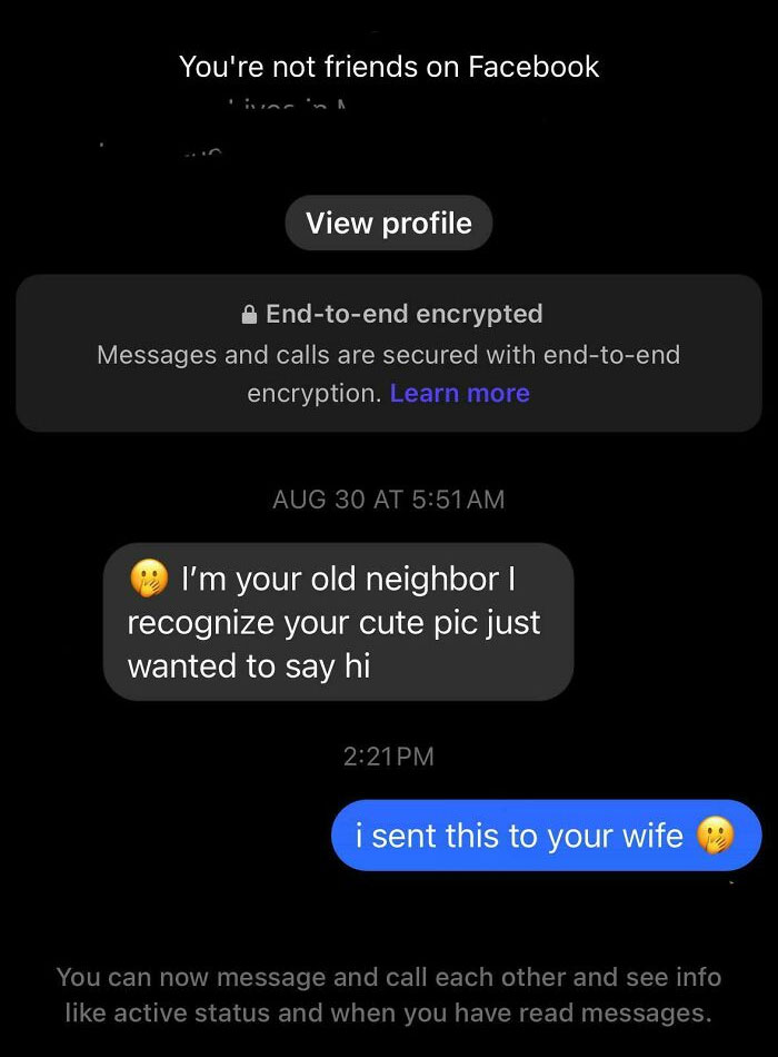 Screenshot of a hilarious text conversation where an old neighbor is jokingly confronted about a message sent to his wife.