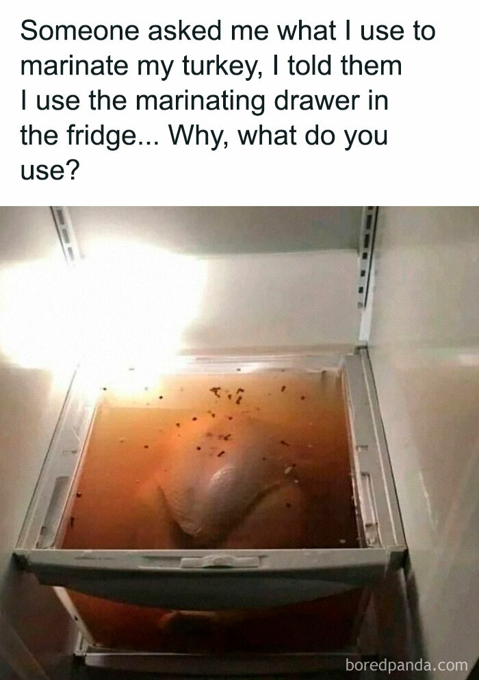 Turkey marinating in a fridge drawer filled with liquid, showcasing a wild example of dude fridges.
