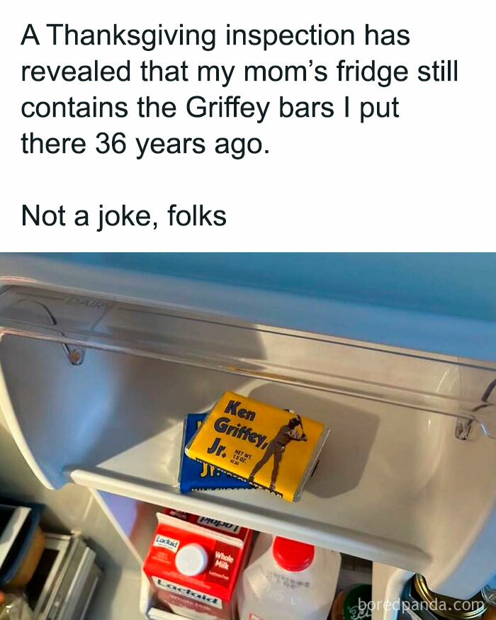 Old Ken Griffey Jr. candy bars stored inside a home fridge door illustrating a wild dude fridge find.