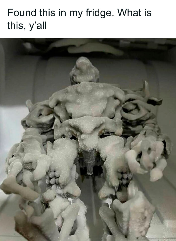 Frost-covered ice formation inside a fridge shaped like a humanoid figure, showcasing wild dude fridge phenomenon.